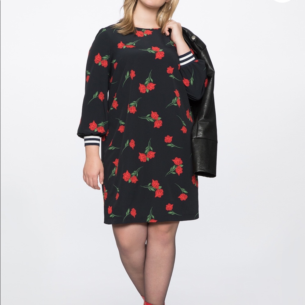 Eloquii Navy Floral Ribbed Sleeve Dress (18)